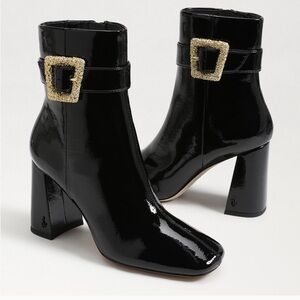 Sam Edelman Corinne bootie Black patent leather ankle square toe gold buckle 8